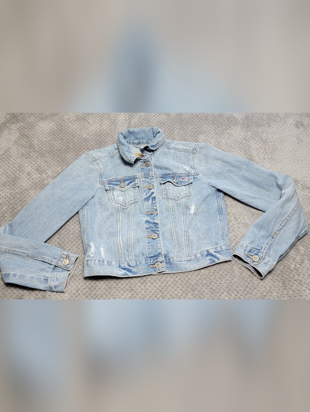 Hollister Vintage Denim Jean Jacket W/ Logo Patch Cropped Distressed Y2K Sz MED